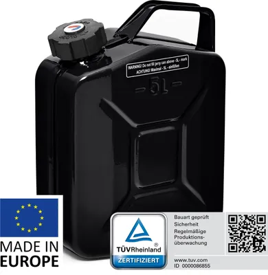 Produktbild von BW® Kraftstoffkanister Metall Benzinkanister 5 Liter mit Schraubverschluss - Schwarz RAL 9005 - UN-Zulassung - Hergestellt in Europa