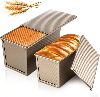 Immagine prodotto di 2 teglie antiaderenti per pane e toast, con coperchio, ideali per la preparazione di pane e torte