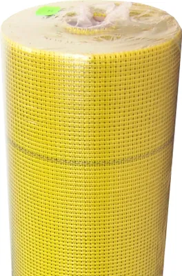 A roll of yellow mesh material, likely for construction or renovation, is shown against a white background.