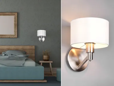 Produktbild von Designklassiker LED Wandleuchte Silber mit Schalter & Stoffschirm - Bettleuchte