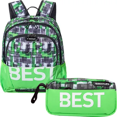 Produktbild von BESTLIFE Uni Rucksack und Federmäppchen im SET „TASKU“ Schultasche Freizeittasche mit Laptopfach bis 15,6 Zoll (39,6cm), grün