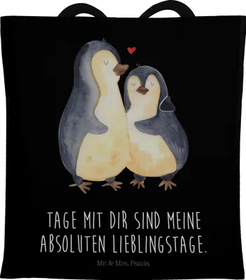 Produktbild von Mr. & Mrs. Panda Tote Bag Pinguin umarmen - Schwarz - Geschenk, Tasche, Unitasche, Liebe, Umarmung, Uni, Laptoptasche, Einkaufstasche, Hochzeitstag, Jahrestag