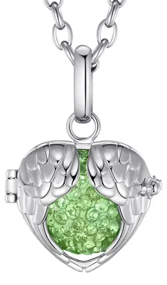 Produktbild von Morella® Damen Halskette Edelstahl 70 cm mit Engelsflügel Herz Anhänger und Klangkugel Zirkonia grün Ø 16 mm in Schmuckbeutel