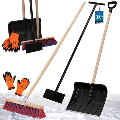 Produktbild von KOTARBAU® Set Schneeschaufel mit Holzstiel 131 cm Straßenbesen mit Stiel 43 cm Eisschaber 119 x 20 cm + Handschuhe Schneeschieber Schneeräumer Schneeschaufel Holz Stiel zur Schneeräumung