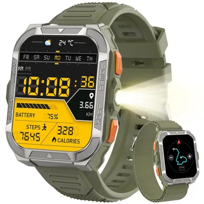 Zdjęcie produktu dla Inteligentny zegarek męski z wbudowanym GPS i kompasem, funkcją odbierania połączeń Bluetooth, baterią o pojemności 900 mAh. Zegarek sportowy z ponad 110 trybami sportowymi, monitorowaniem zdrowia i snu. Kolor: wojskowy zielony