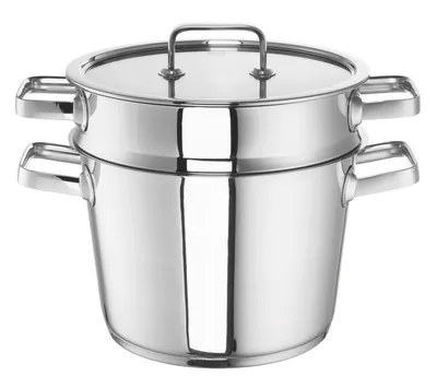 A stainless steel steamer pot with a glass lid and handles, shown against a white background.