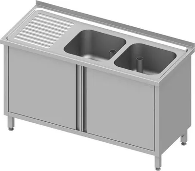 Produktbild von Spülschrank mit Flügeltüren 1400x600x850 mm, mit zwei Becken rechts, mit Aufkantung, verschweißt
