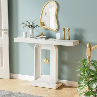 Productafbeelding van Sidetable – Moderne Sidetable voor in de Hal – 100 cm – Goudkleurige Accentdetails en Marmerlook