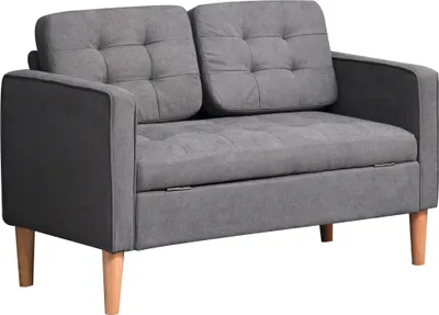Obrázok produktu pre HOMCOM 2-miestna látková pohovka Dvojmiestna pohovka rozkladacia s vankúšmi gumové drevo bavlna sivá 111 x 62 x 78 cm