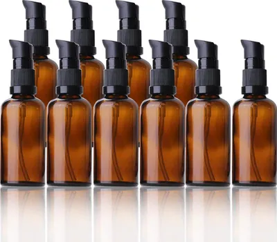 Produktbild von Leere braune Glasflaschen 5 Stück 50ml nachfüllbare Flaschen Lotiondispenser - Braune Glasflasche mit Pumpe - Ätherische Öle Reiseflaschen - Creme Lotion Pompflese