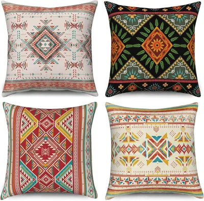 Produktbild von Boho-Kissenbezüge, 40 x 40 cm, Set mit 4 Stück, Vintage-Stil, Boho-Design, geometrisches Muster, rot, beige, schwarz, für Sofa, Dekokissen, waschbar, Polyester, Leinen