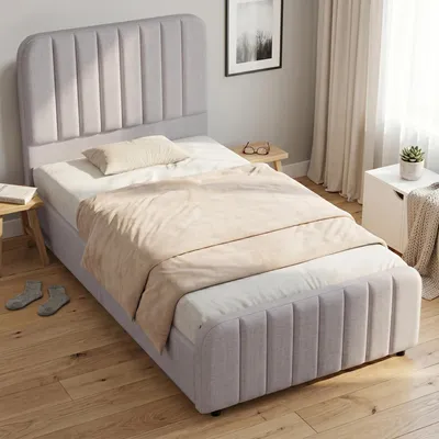 Produktbild von okwish 90× 200 Polsterbett mit Bettkasten,Jugendbett mit gepolstertes Kopfteil,Viel Stauraum, Einzelbett in Grau,ohne Matratze