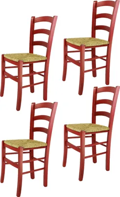 Produktbild von t m c s Tommychairs - 4er Set Stühle VENEZIA für Küche und Esszimmer, robuste Struktur aus Buchenholz in Anilinfarbe Rot und Sitzfläche aus Stroh