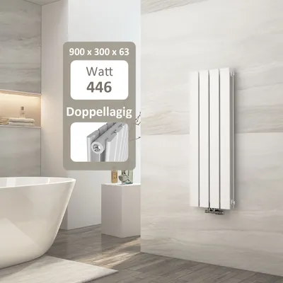 Produktbild von EMKE Heizkörper Design Doppellagig Paneelheizkörper 900x300mm Weiß Badheizkörper 446 Watt Mittelanschluss Flachheizkörper