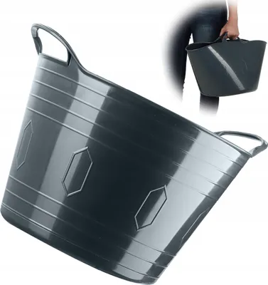 A dark gray flexible plastic basket with handles, shown from a diagonal angle. A smaller inset image shows a person holding a similar basket.
