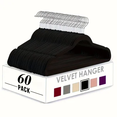 Produktbild von 60er Set Samt-Kleiderbügel schwarz, rutschfest & robust, schlank & platzsparend, mit 360° drehbarem Silberhaken, für Jacken & Mäntel