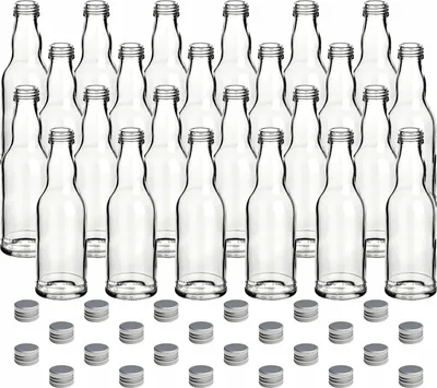 Produktbild von gouveo 24er Set Glasflaschen 200 ml Kropfhals mit Deckel silberfarben - Kleine Flasche zum Befüllen - Leere Schraubflasche für Likör, Saft, Smoothie