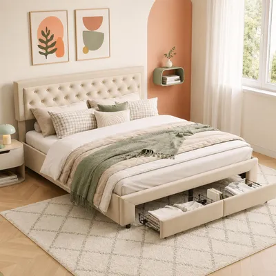Immagine prodotto di Letto con rete a molle INONEFT, 160x200 cm, con 2 cassetti, letto imbottito con sistema idraulico per lo spazio contenitivo, letto matrimoniale con contenitore e rete a doghe, color beige