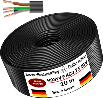 Obrázok produktu pre 10 m plastový hadicový kábel H03VV-F 4G0,75 čierny kábel Kábel pre spotrebiče