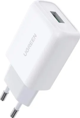 A white UGREEN USB wall charger with European plug pins.