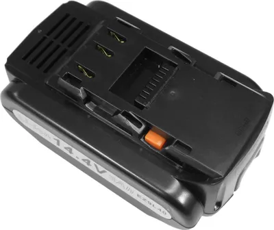 A black power tool battery pack with an orange release button, shown from a slightly elevated angle against a white background.