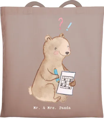 Produktbild von Mr. & Mrs. Panda Shopping Tasche Bär Rätsel lösen - Braun Pastell - Geschenk, Schultasche, dokumententasche, Tote Bag, Gedächtnistraining, Tragetasche, Knobeln