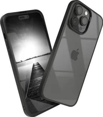 A black iPhone case is shown from two angles, with one showing the front screen and the other showing the back with the Apple logo.