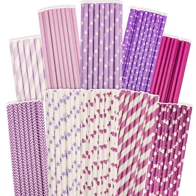 Zdjęcie produktu dla Słomki papierowe, fioletowe, 150 sztuk, jednorazowe, 10 wzorów, 7,75 cala