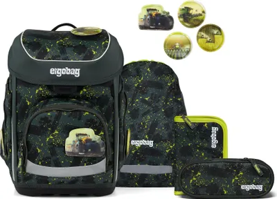 A set of school supplies including a backpack, pencil case, and other accessories, all with a camouflage-like pattern and tractor graphics.