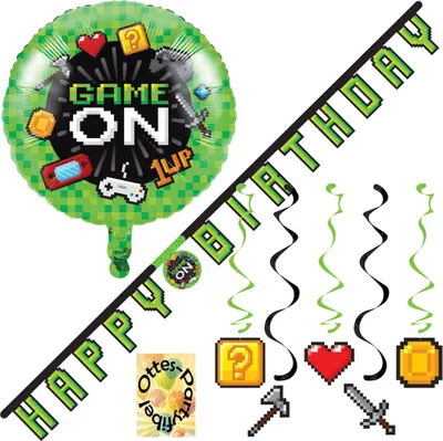 Produktbild von Gaming-Deko-Set Game-On-Deko-Set - Folienballon Partykette Dekospiralen