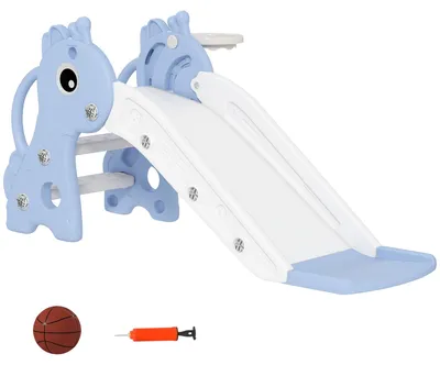 Obrázek produktu pro Dětská skluzavka 3 v 1 s basketbalovým košem – žirafa | Barva: modrá, bílá | Rozměry: 51,5 x 106 x 52 cm
