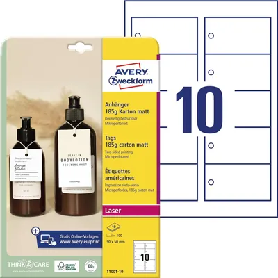 Image de AVERY Zweckform T1001-10 AVERY Zweckform Hängeetiketten weiß 90,0 x 50,0 mm blanko, 100 St.