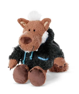 A plush toy wolf sitting down, wearing a black hooded jacket with blue drawstrings.