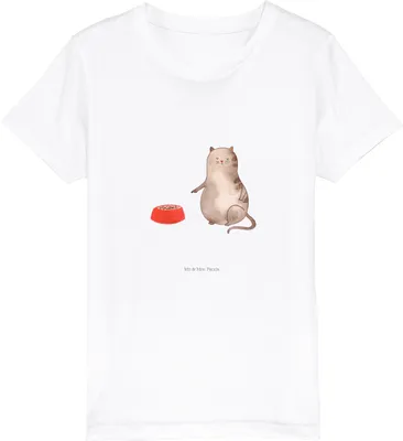 Produktbild von Mr. & Mrs. Panda Kleinkinder T-Shirt Katze Fressen 7-8 Jahre (122/128) - Weiß - Geschenk, Kinder-T-Shirt, Kindershirt, Öko Kinder, Kurzarm, Teenager