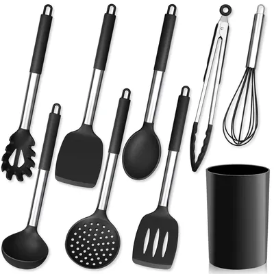 Image de Ensemble de 9 ustensiles de cuisine en silicone avec support