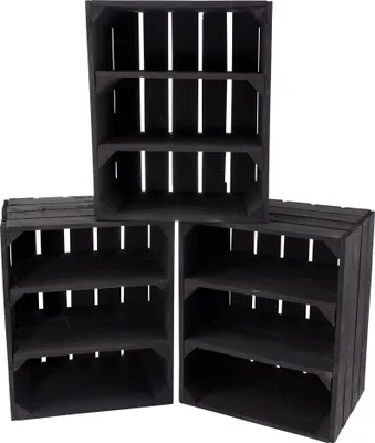 Produktbild von 3er Set Schwarze Kiste mit 2 schwarzen Mittelbrettern quer 50cm x 40cm x 30cm Holzregal Schuhregal black Obstkisten Weinkisten Balkon Regal groß Vintage
