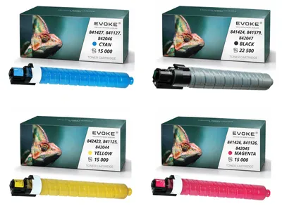 Obrázok produktu pre Kompatibilné tonery Evoke pre tlačiarne Ricoh MPC-3001 MPC-3501, kód 841424, 4 ks (CMYK): čierna, azúrová, purpurová, žltá, výtlačnosť 67 500 strán, vhodné pre modely Aficio MP C3001, C3300, C3501; Nashuatec MP C3001