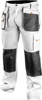 A pair of white work pants with black knee patches and multiple pockets, presented against a white background.