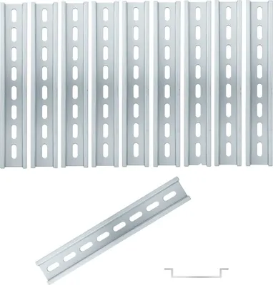 A collection of metal mounting rails with pre-drilled holes, and one rail shown separately at an angle.