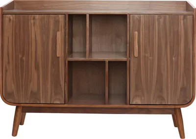 A wooden sideboard with doors and shelves.