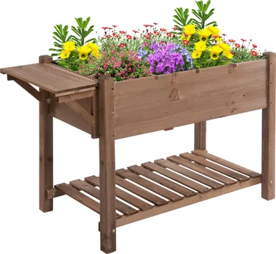 Zdjęcie produktu dla Donica Outsunny z 8 podzielonymi kratkami, składaną półką, skrzynką na kwiaty, doniczką, grządką ziołową, lite drewno, brązowa, 123 x 54 x 80 cm