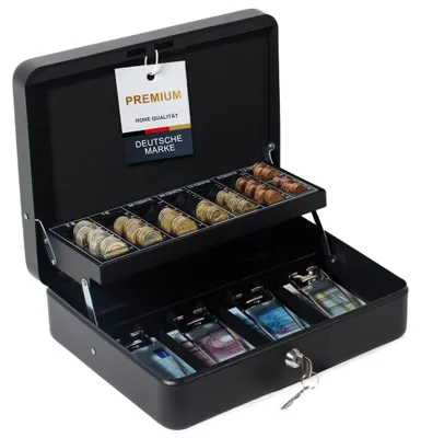 Produktbild von GREELUE Geldkassette Abschließbar Groß mit Münzzählbrett & Scheinfächern,30x24x9cm aus Stahl, Ideal als Spardose, Tresor, Haushaltskasse Schwarz