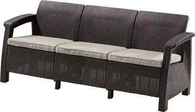 A brown outdoor sofa with gray cushions, shown from a three-quarter angle against a white background.