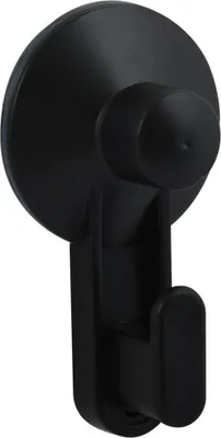 A black suction cup hook against a white background.