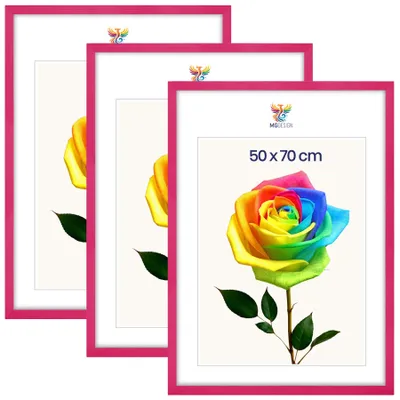 Produktbild von MG Design 3er Set Bilderrahmen 50 x 70 cm - Posterrahmen mit Rosa Echtholzrahmen und bruchsicherem Acrylglas, Hoch & Quer mit stabiler Wandaufhängung