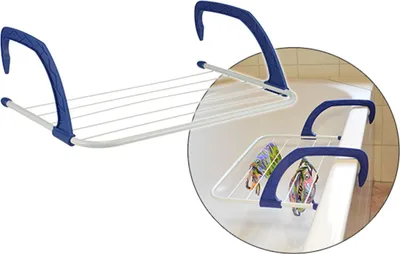 A white and blue drying rack is shown hanging over a bathtub edge.