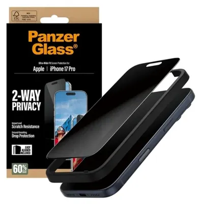 Obrázok produktu pre PanzerGlass ® 2-Way Privacy Screen Protector iPhone 17 Pro | Ultra-Wide Fit w. EasyAligner, Apple, Apple - iPhone 17 Pro, Suché aplikovanie, Odolné proti poškriabaniu, Odolný proti nárazom, Priehľadná, 1 kusov