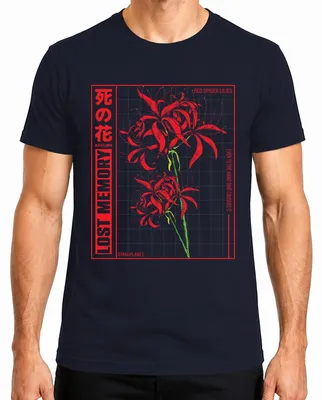 Imagen del producto de Camiseta para hombre con diseño de "Rote Spinnenlilie" (lirio araña rojo), estilo anime, para fanáticos ("otaku"), color azul marino, talla XL