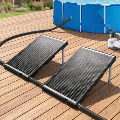 Produktbild von NAIZY 2 Stück Solar Poolheizung Solarkollektor flache Bauweise mit verstellbaren Füßen, Solaranlage für alle Schwimmbäder, HDPE Solarheizplatte mit 50mm Anschlüssen