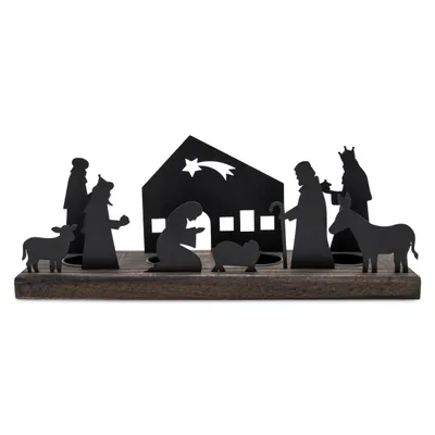 Produktbild von Kerzenhalter KRIPPE - ca. 32 cm - Teelicht Halter mit Krippe und Figuren in schwarz / grau